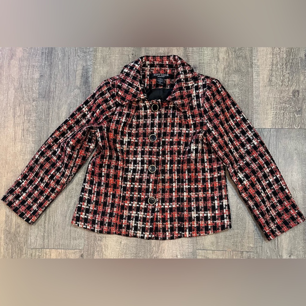 Scott Taylor-Women's Petit-Red & Black Tweed Blazer-Acrylic & Polyester-Size PL